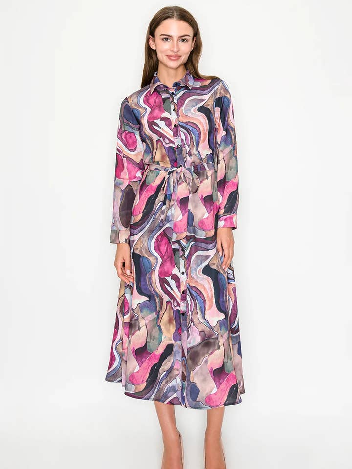 Multi Abstract Button-Front Midi Dress for wholesale by Yal New York
