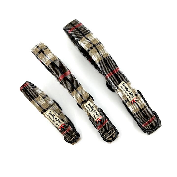 Black Beige Tartan Dog Collar for wholesale by Barkley and Fetch