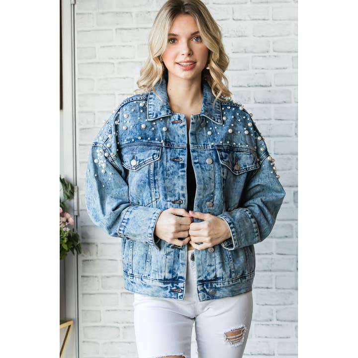 Med Wash Pearl and Rhinestone Denim Jacket for wholesale on Faire