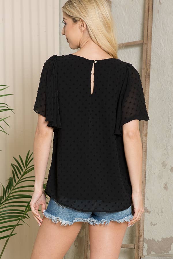 Orange Farm Clothing - Wholesale Blouse - Women's - Swiss Dot Flutter Sleeve Blouse-Solid2