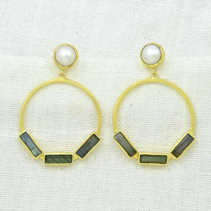 Grace Earring Gold - Pearl & Labradorite for wholesale by Schmuckoo Berlin