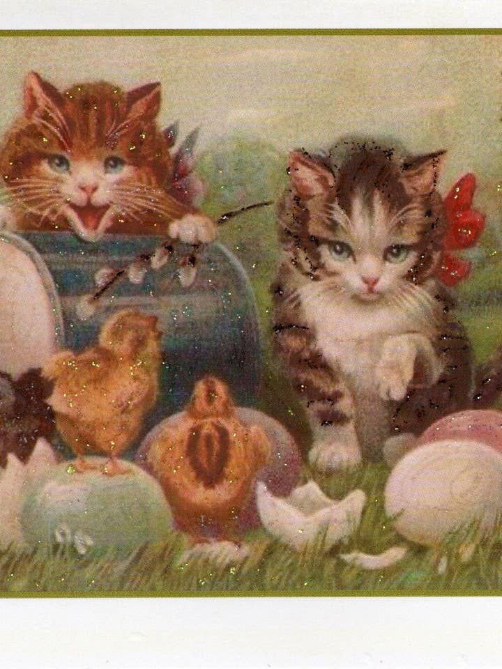 Easter Greetings ~ Kittens & Hatching Chicks Glitter Card for wholesale by The Marble Faun Gifts