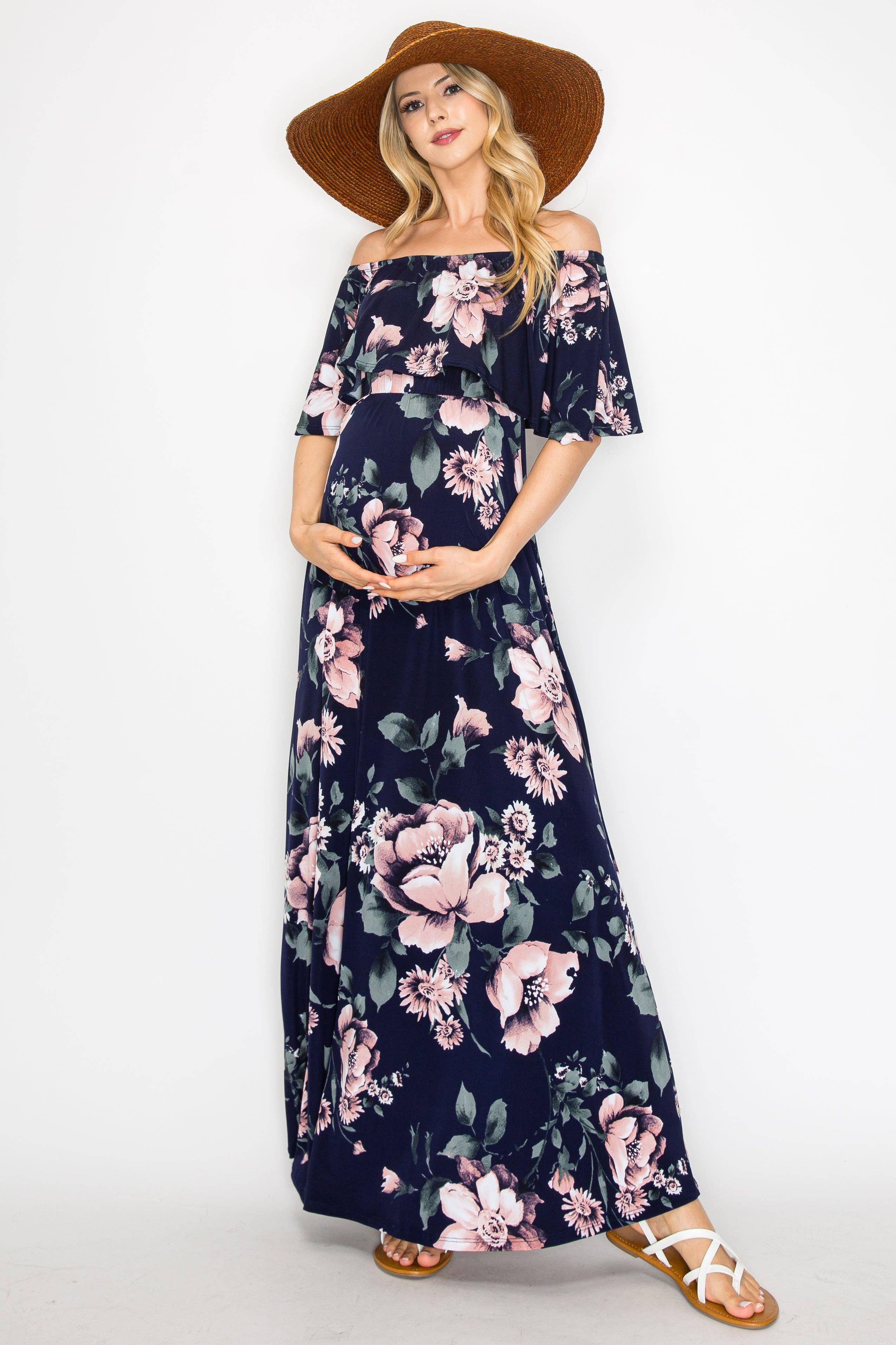 Navy Mauve Maureen Floral Off Shoulder Maxi Dress for wholesale on Faire3