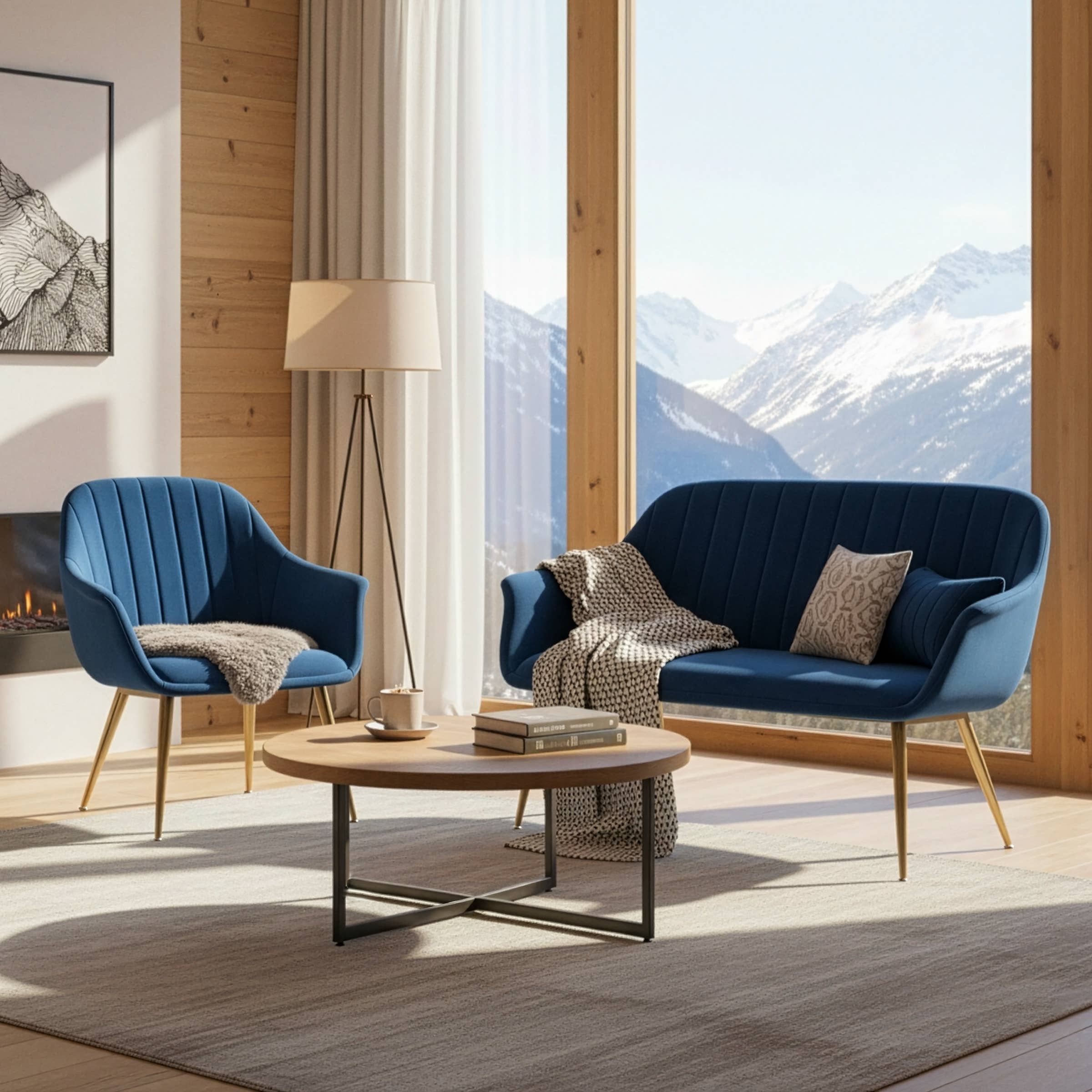 Glamour Home - Vente Canapés - Ensemble canapé 2 places en velours bleu Angela et fauteuil d'appoint2