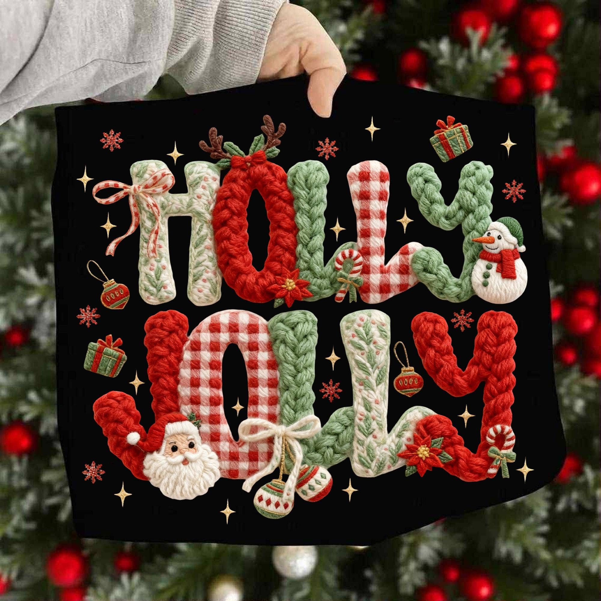 NVC Ecommerce LLC - Wholesale Graphic Sweatshirt - Women's - Faux Yarn Crochet Holly Jolly Christmas Tee, Xmas Sweatshirt1