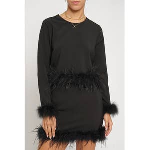 2022 Fashion Wholesale Ostrich Feather Long Sleeve Top + Shorts