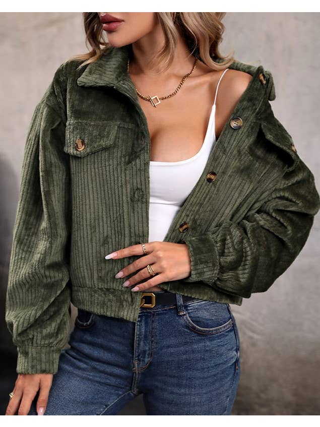 Green Lapel Buttoned Corduroy Cropped Jacket for wholesale on Faire