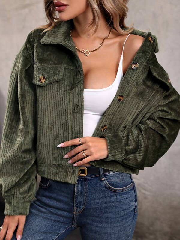 Lapel Buttoned Corduroy Cropped Jacket for wholesale by Rosa Clothing