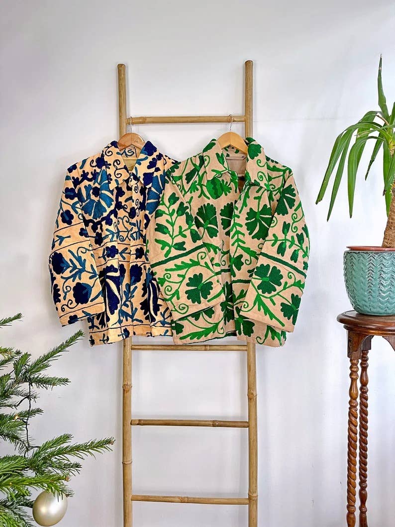 Essential Designs London – wholesale Jacket – Women's – Suzani Hand Embroidered Unisex Bolero Short Jacket Spring Boho Gypsy Kashmir Crewel Special Love Gift | Quirky Cafe Beige Green Floral Leaf0