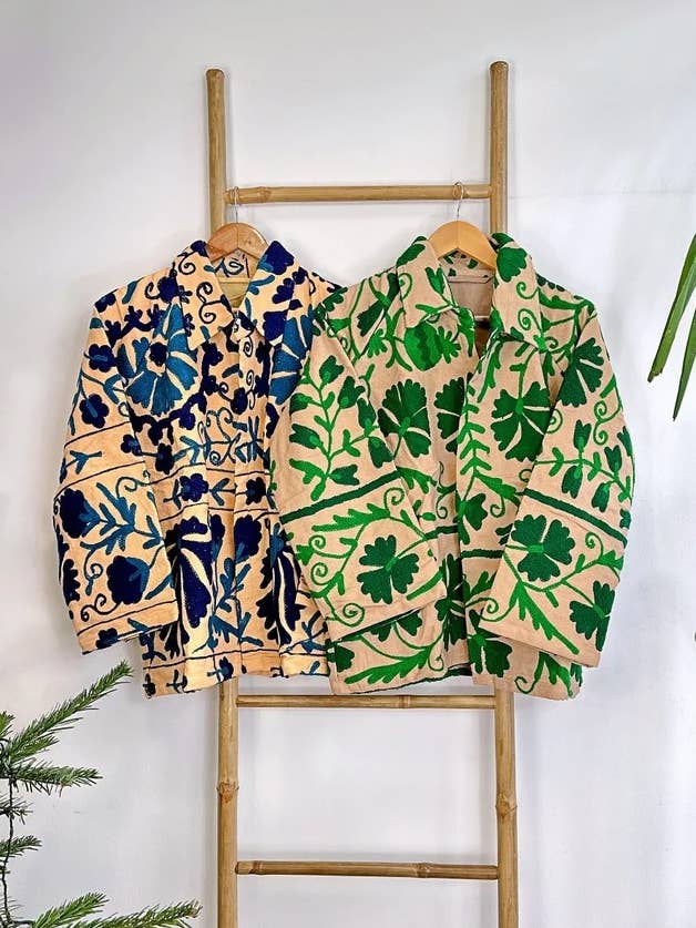 Suzani Hand Embroidered Unisex Bolero Short Jacket Spring Boho Gypsy Kashmir Crewel Special Love Gift | Quirky Cafe Beige Green Floral Leaf for wholesale by Essential Designs London