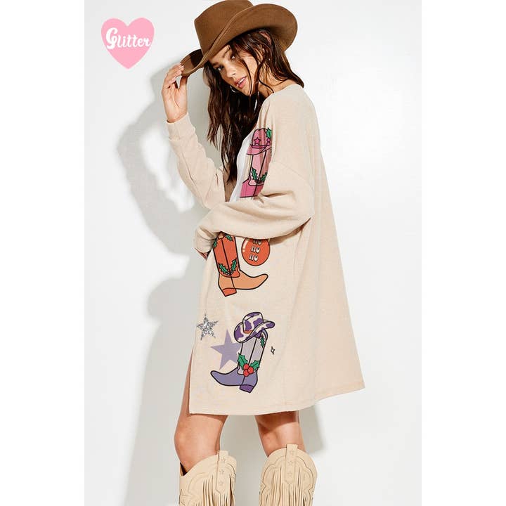 Phil Love - Wholesale Cardigan - Women's - Christmas Cowgirl boots Glitter Knit Cardigan