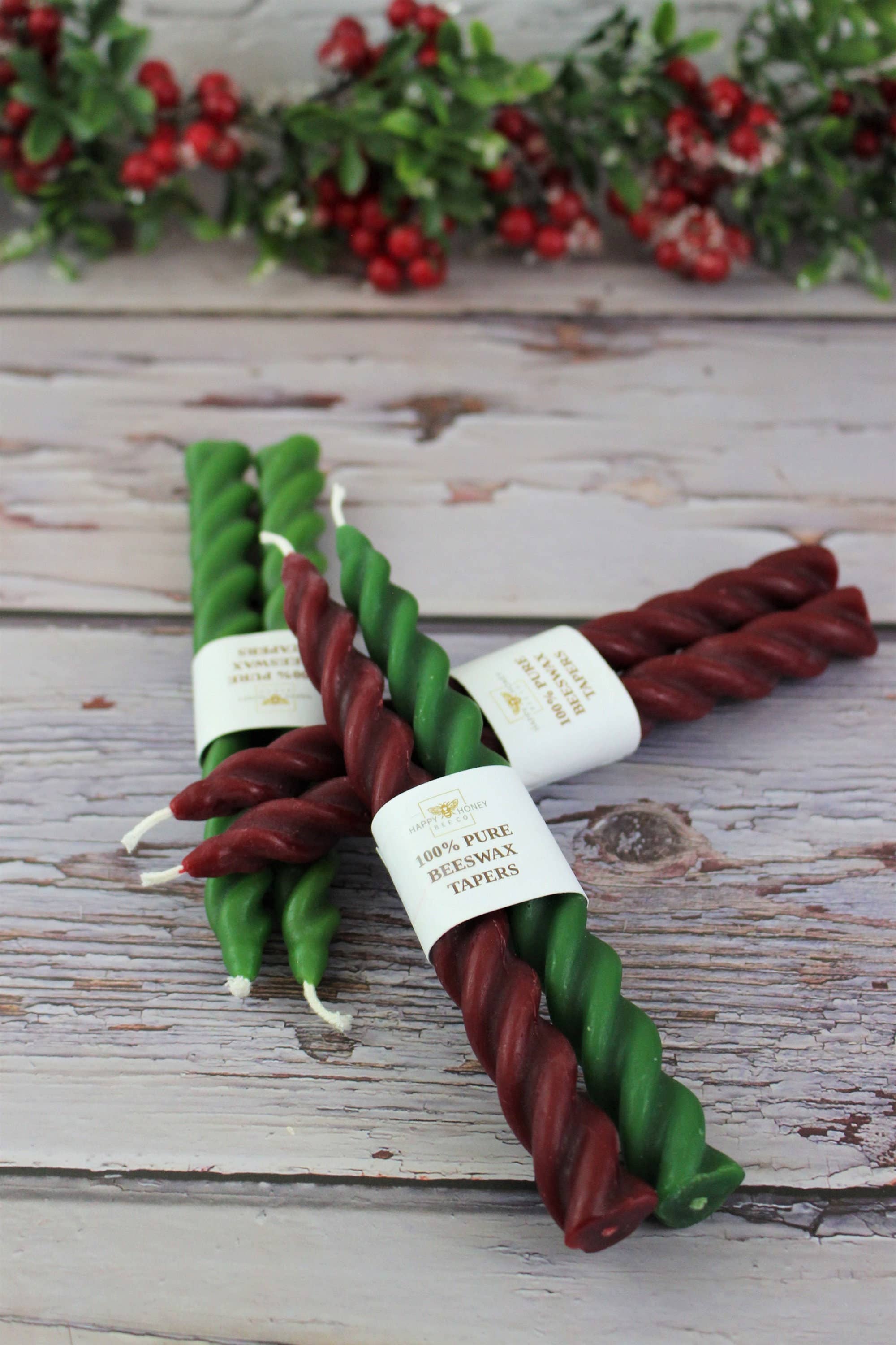 Happy Honey Bee Co. - Vente Bougies/bougeoirs coniques - Bougies en cire d'abeille Twisted Taper, 7 pouces, rouge bordeaux et vert7