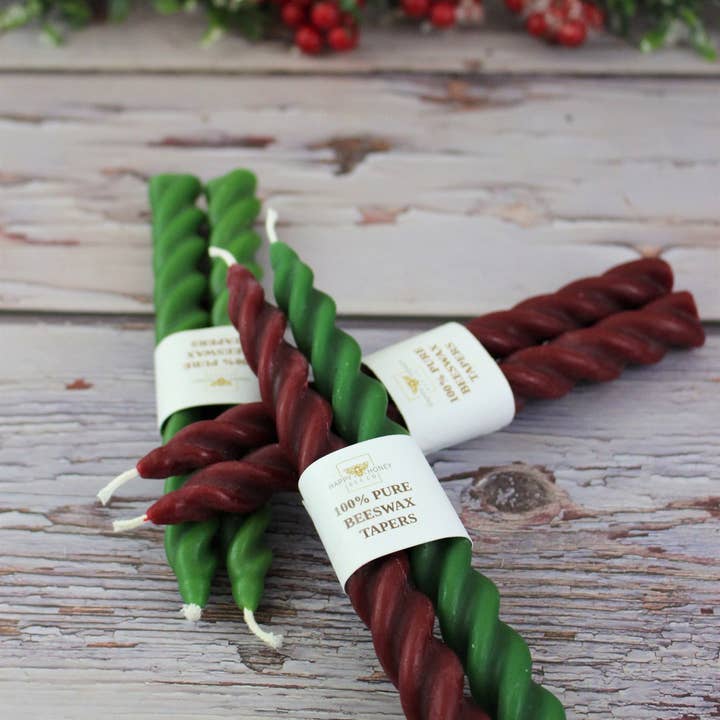 Happy Honey Bee Co. - Wholesale Tapered Candle/Candlestick - Twisted Taper Beeswax Candles, 7 Inches Burgundy Red & Green7
