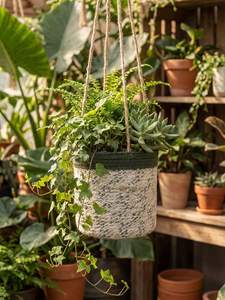 Suspension de jardinières en jute tressé vert (ensemble de 3) (6", 5", 4") pour la vente par Creation Jute