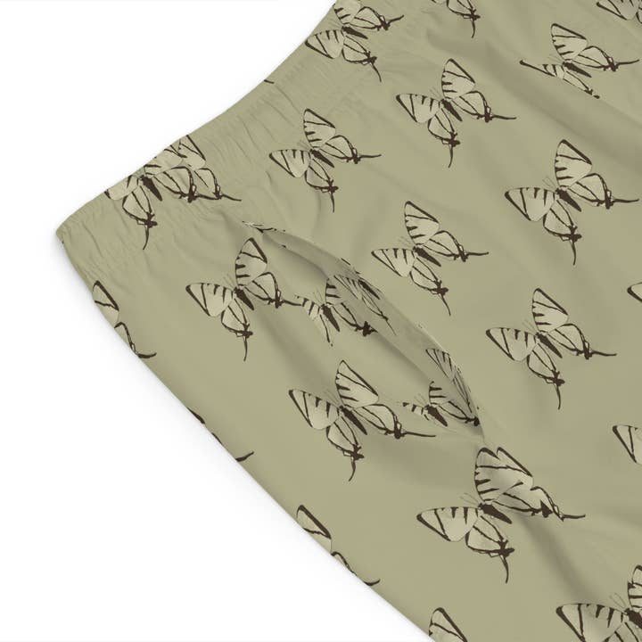 Seam thread color automatically matched to design Butterfly Khaki Men's Board Shorts for wholesale on Faire7