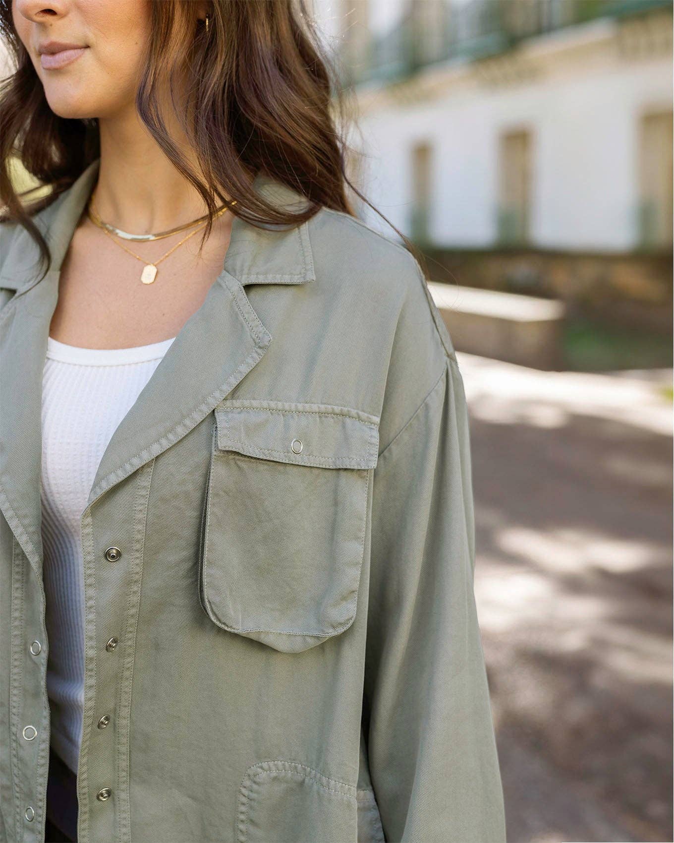 Tencel™ Lyocell Utility Shirt Jacket in Sage for wholesale on Faire4