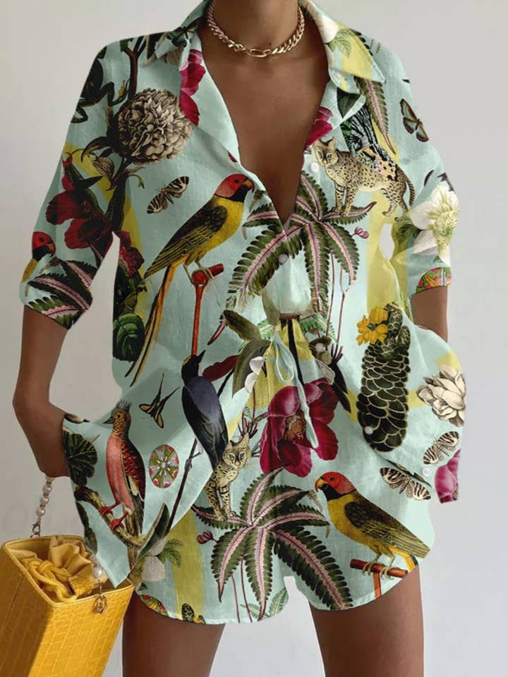Rosa Clothing - Wholesale Top & Short Set (NOT Loungewear) - Women's - Vacation Parrot & Coconut Print Two-Piece Set