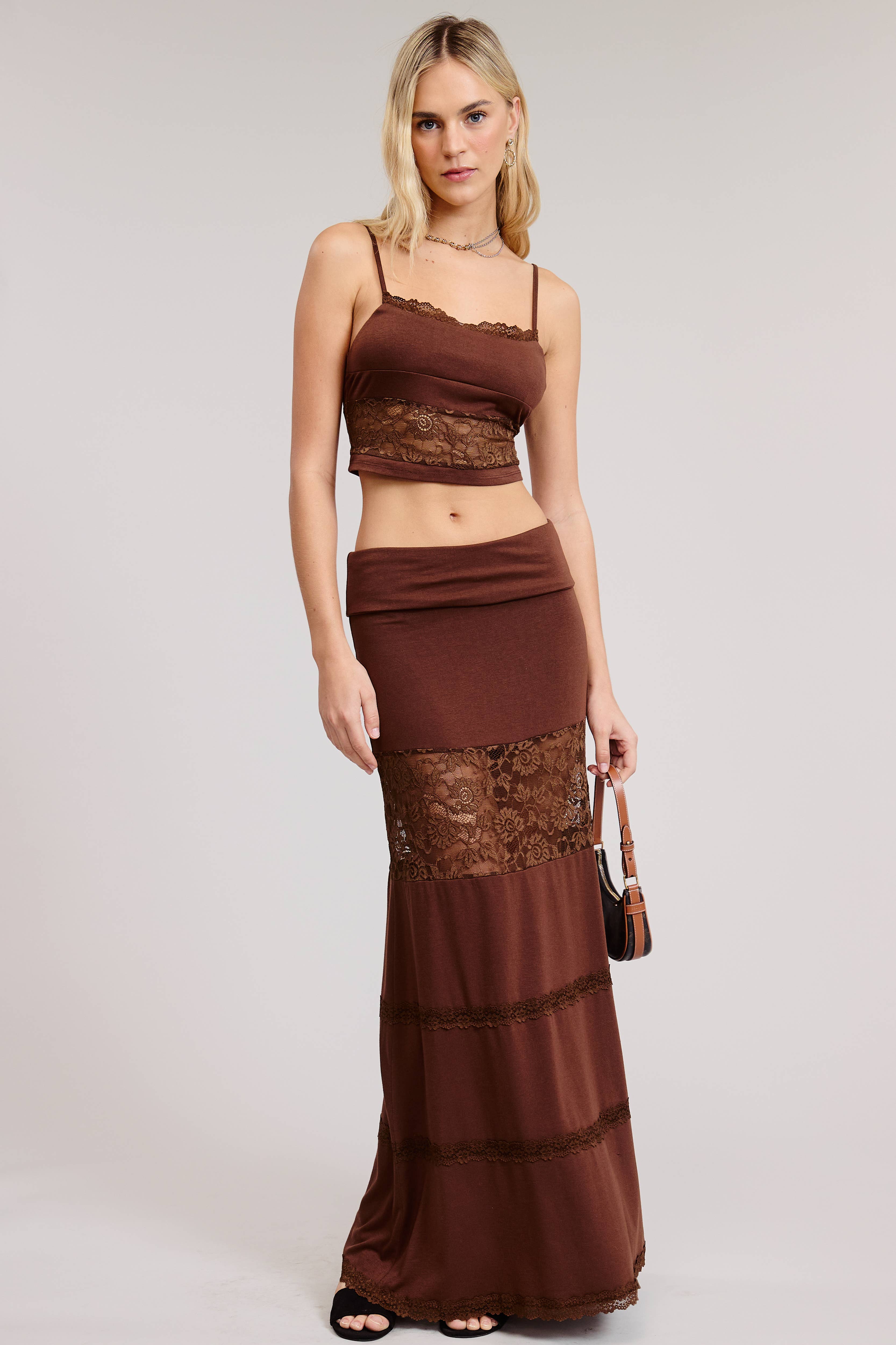 Mimosa - Wholesale Top & Skirt Set - Women's - Lace Contrast Cami and Fold over Maxi Skirt Set12