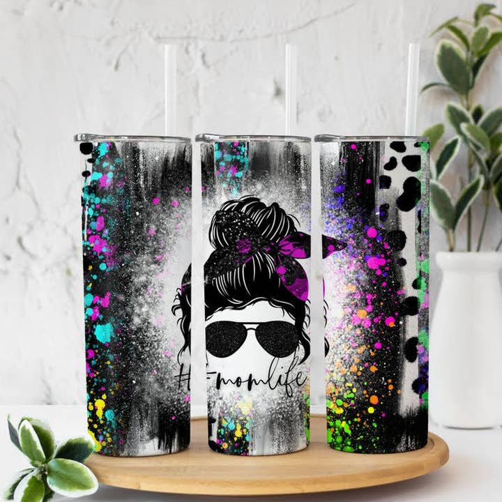 Black and Neon Momlife 20oz Sublimation Tumbler for wholesale by Twisted T Creations