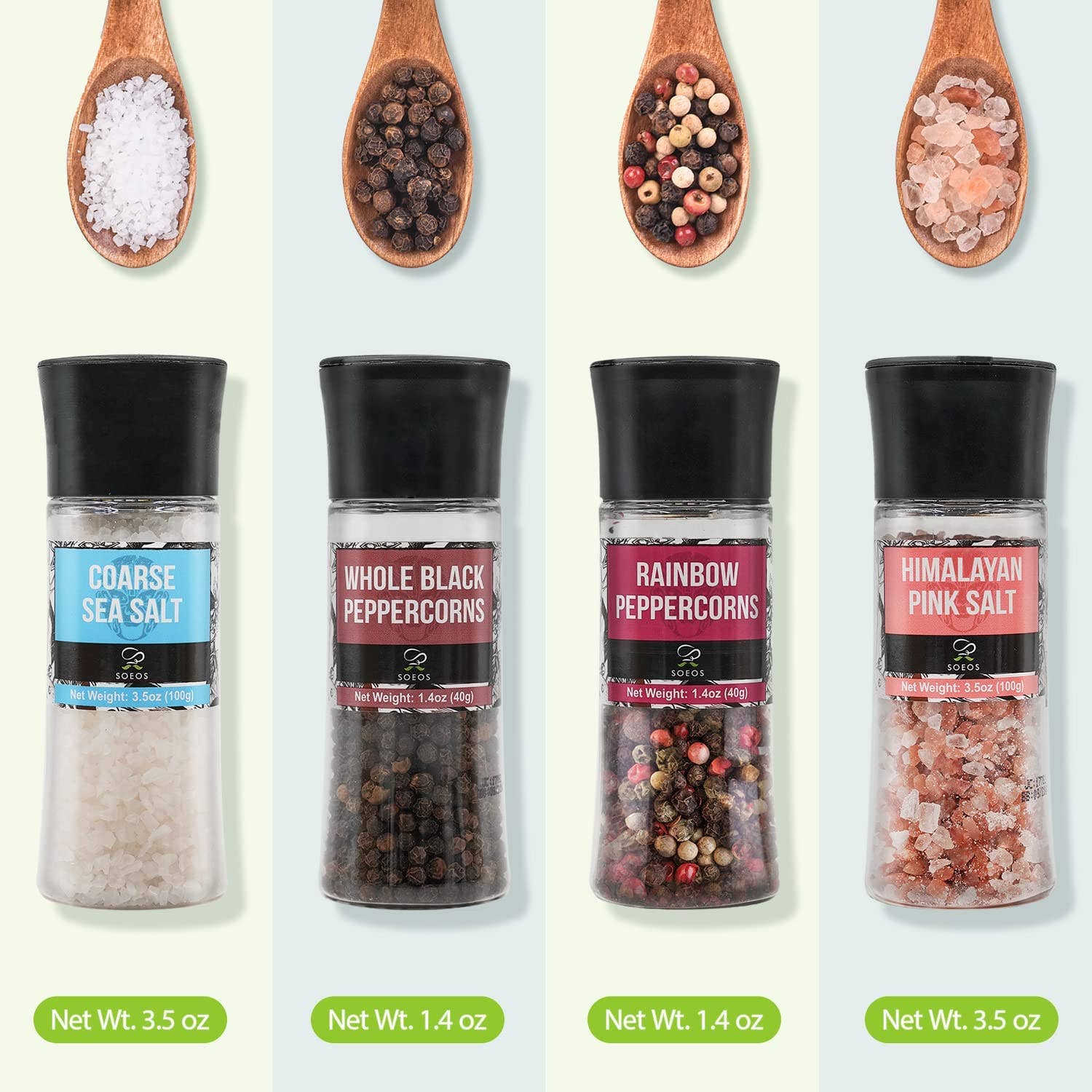 soeos – wholesale Salt & pepper mix – Soeos Black Peppercorns + White Sea Salt + Rainbow Peppercorns + Pink Salt, 9.8oz(277.82g) Spice Total, Plastic Bottle Grinder with Spice Included6