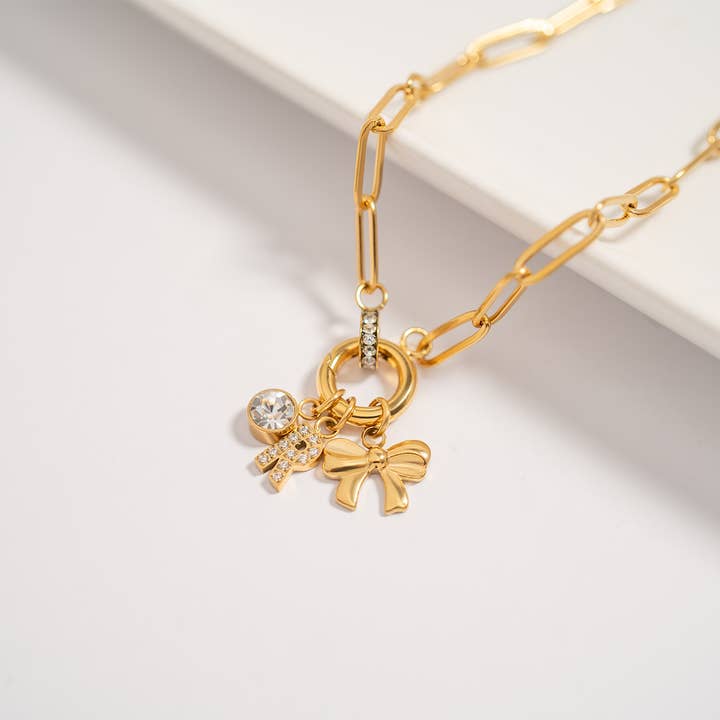 WJW - Wholesale Pendant/Charm Necklace - 18K Gold PVD Paperclip Rhinestone Charm Holder Necklace