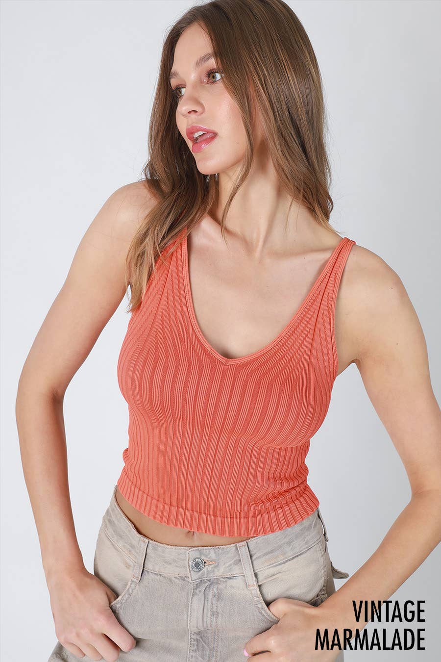 NIKIBIKI - Wholesale Tank Top - Women's - NS8257 - Vintage Wide Ribbed V Neck Top1