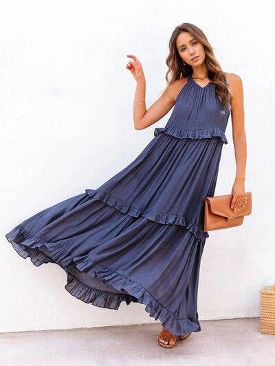 ClassiQ - Wholesale Dress - Women's - Ruffled Sleeveless Tiered Maxi Dress with Pockets0