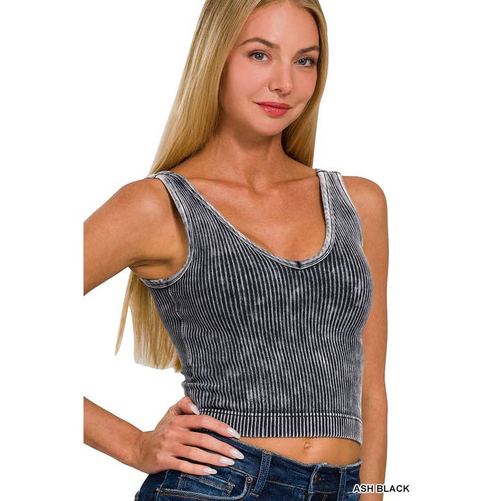 Apolline – wholesale Tank top – Women′s – WASHED RIBBED CROPPED BRA PADDED V-NECK TANK TOP ZENANA