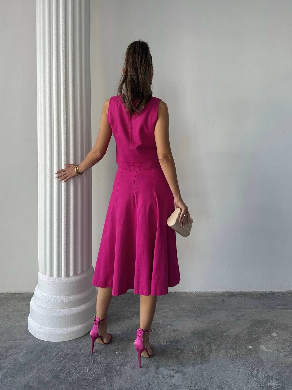 Design company-Fatma Balkir - Vente Ensemble haut et jupe - Femme - Ensemble élégant en lin avec jupe midi et blouse courte - Tailleur jupe7