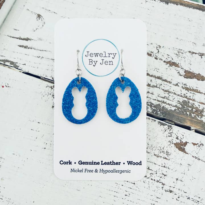 Pendientes Recortados de Conejo de Pascua: Purpurina Azul Fina para venta al por mayor de Jewelry By Jen