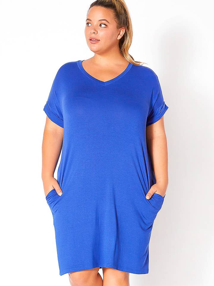 Robink – Engroshandel Kjole - Dame – Bellatrix Plus Size V-hals T-shirt kjole med lomme