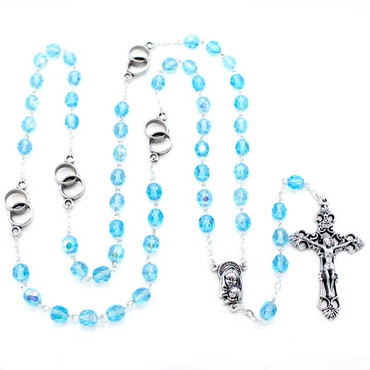 Chapelet de mariage catholique en perles de cristal bleu aqua pour la vente par RM Trading