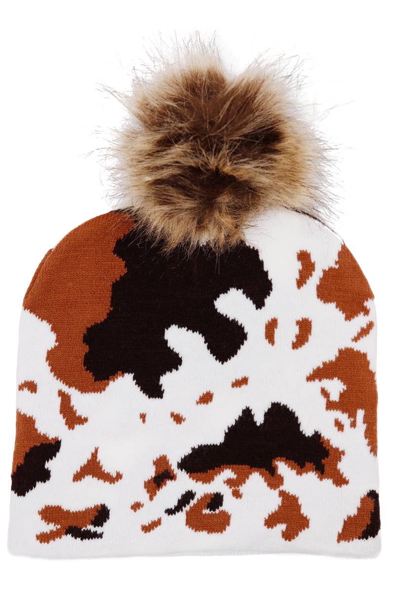 Cap Zone – wholesale Beanie – Women's – Cow Print Shaggy Faux Fur Pom Pom Short Beanie4