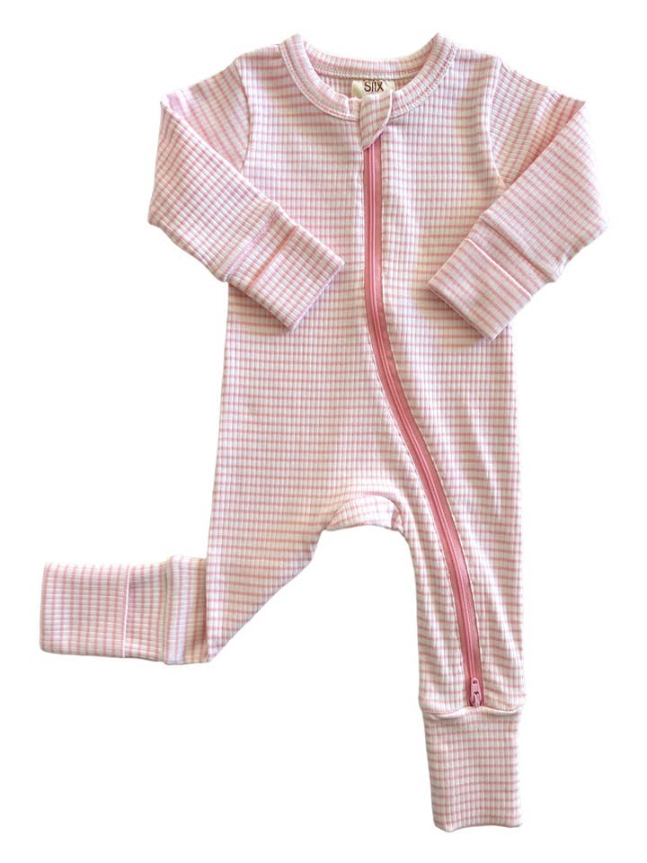 SIIX Collection - Wholesale Jumpsuit - Baby - Pink Stripe / Organic Ribbed 2-Way Zip Romper