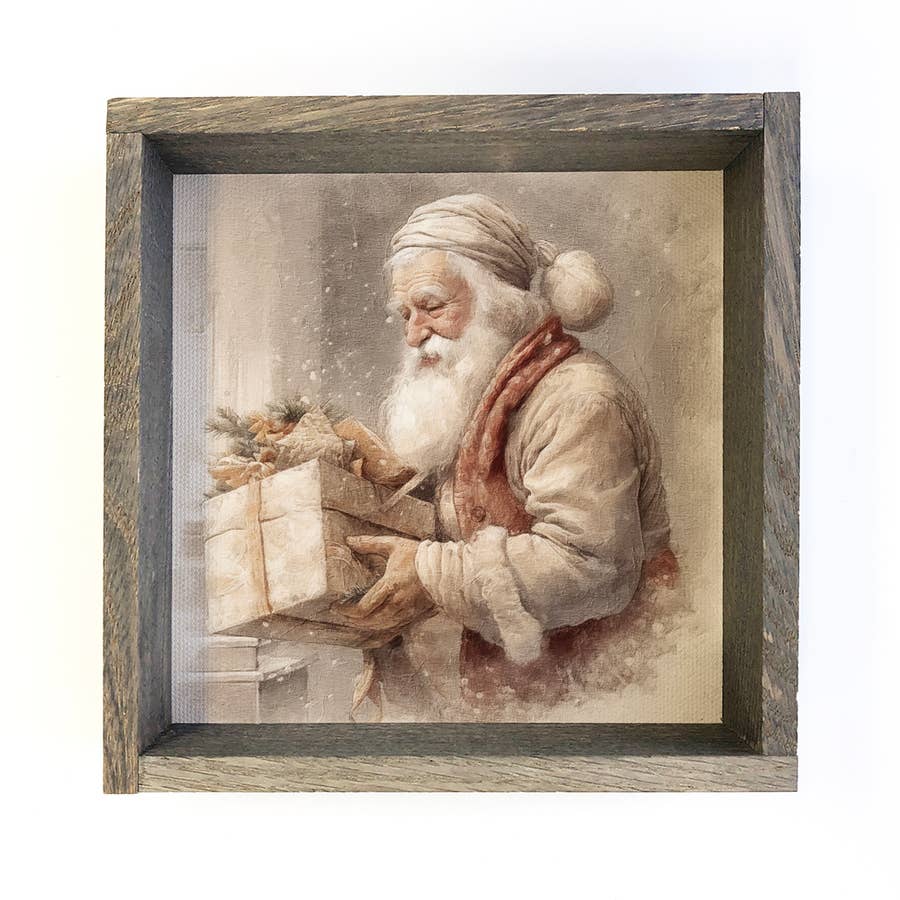 Santa With Little Girl Print in Embossed Brass Frame- Antique Vintage Style