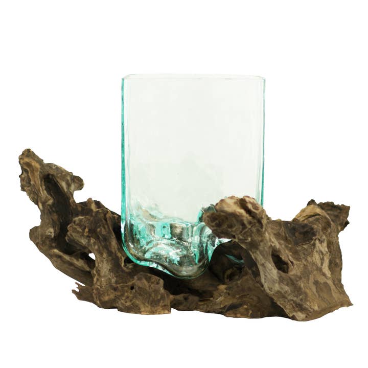 Cohasset Gifts – wholesale Decorative tabletop object – Square Glass Vessel on Gamal Root - Approx. 15cm across