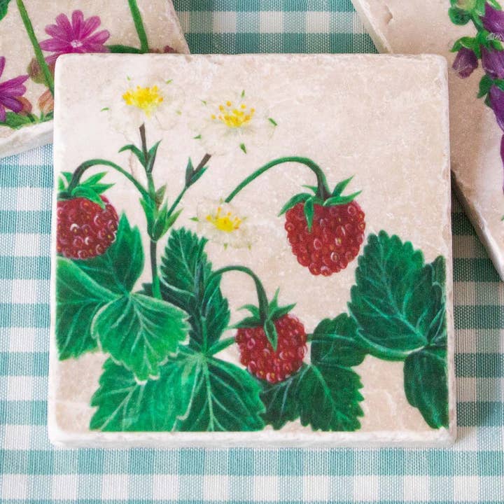 Coaster with wild strawberry illustration / woodland coaster for wholesale by AMPellegrini Art & Design