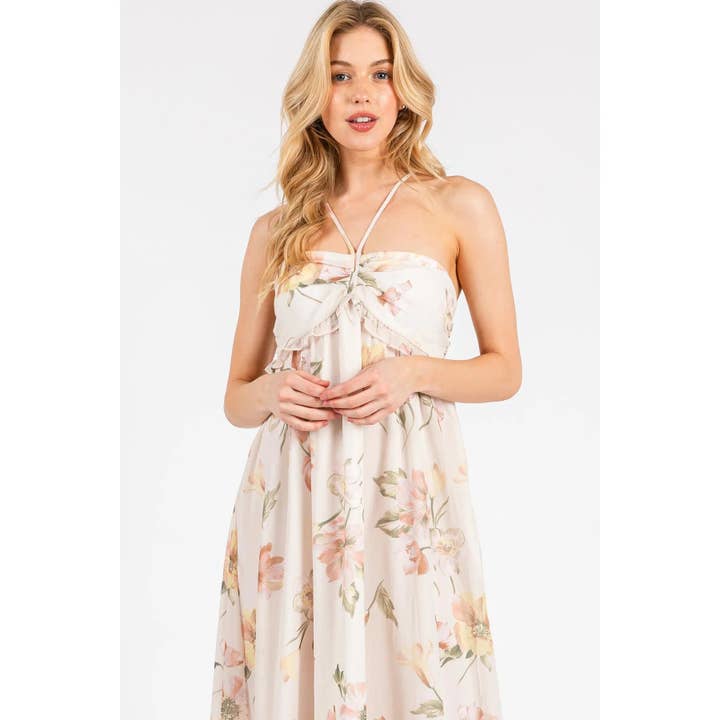 CREAM HALTER NECK TIE TIERED MAXI CHIFFON DRESS for wholesale on Faire