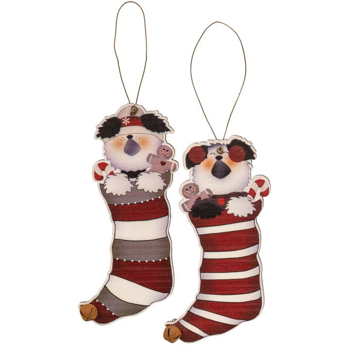 Puppy Jingle Bell Stocking Christmas Ornament, 2 Assorted for wholesale by The Hearthside Collection