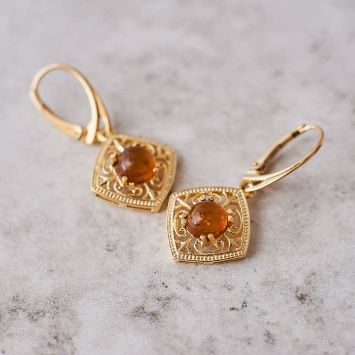 Boucles d'oreilles vintage en ambre, boucles d'oreilles victoriennes en or, argent vintage pour la vente par Marcin Waryszak