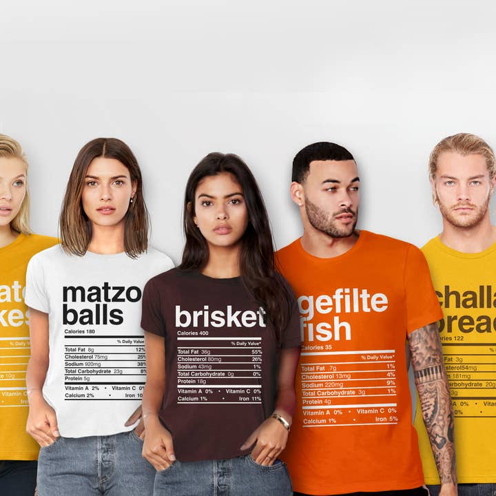 Hanukkah Food Nutrition Fact T-Shirts, Ringspun Cotton tees for wholesale by BootsTees