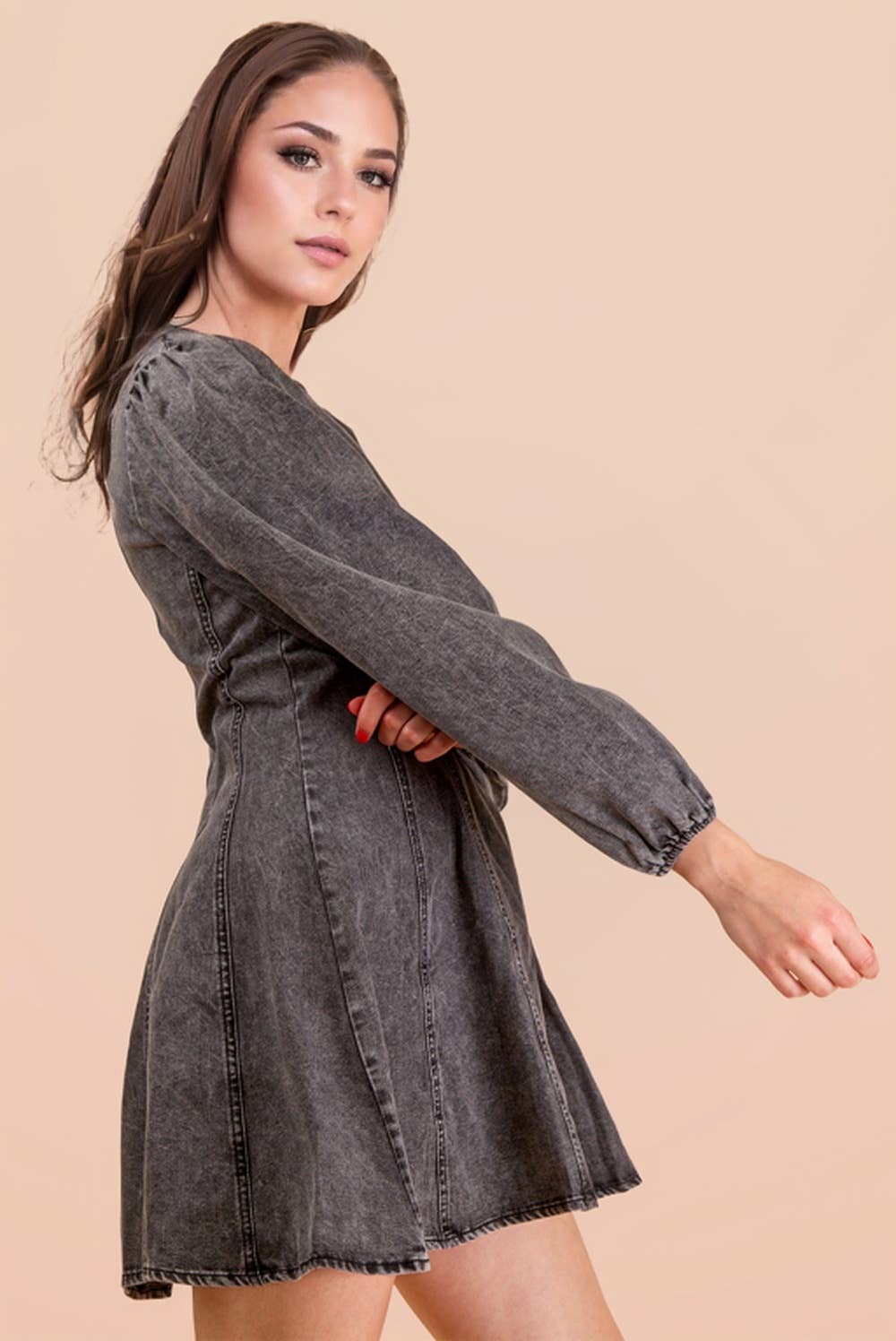 VERY J - Wholesale Dress - Women's - ND31817-Mineral Washed Denim Seam Detail Mini Dress2