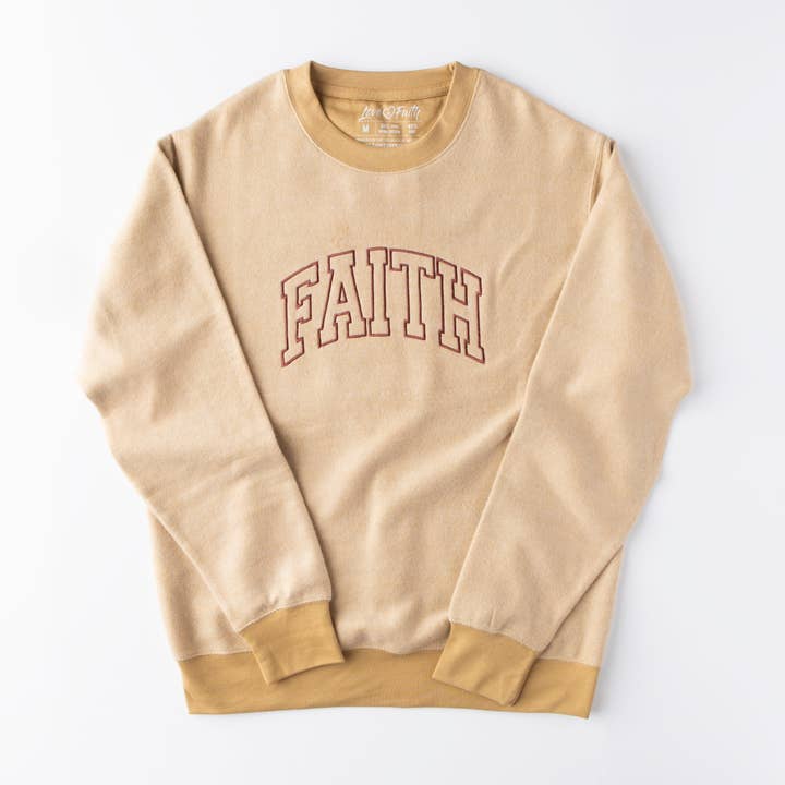 Heather Khaki FUZZY Embroidered Faith Sweatshirt for wholesale on Faire2