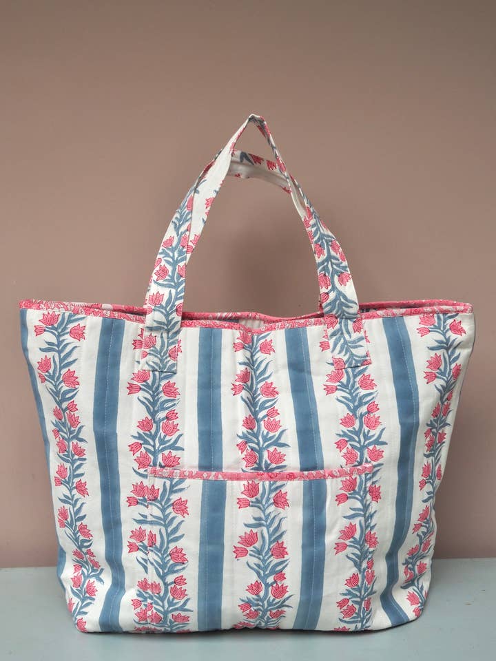 The Amba Bag – Quilted Cotton Canvas Tote (Blue / Pink) for wholesale by Kapara London