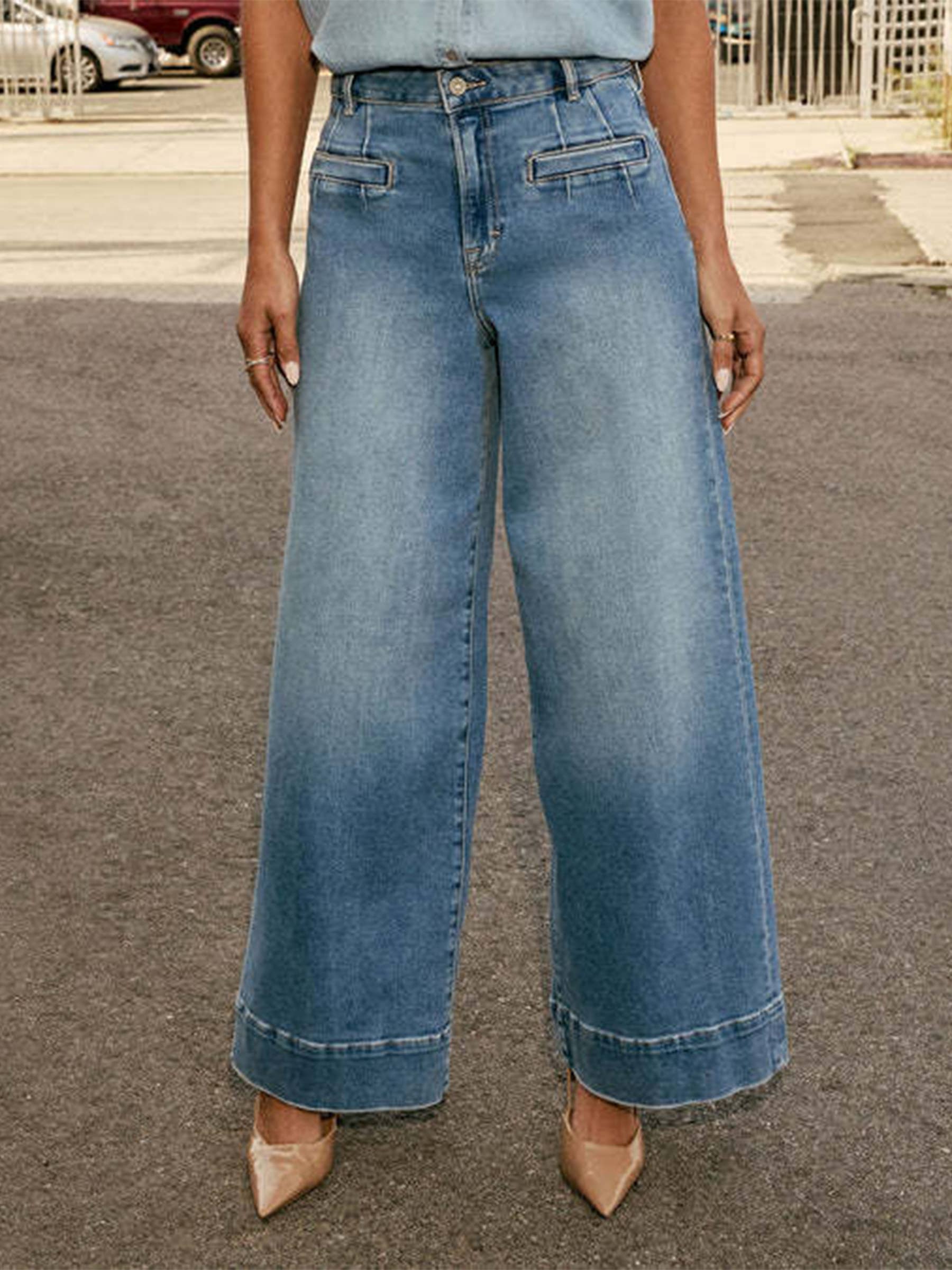 Blue High Waisted Wide Leg Long Pants for wholesale on Faire0