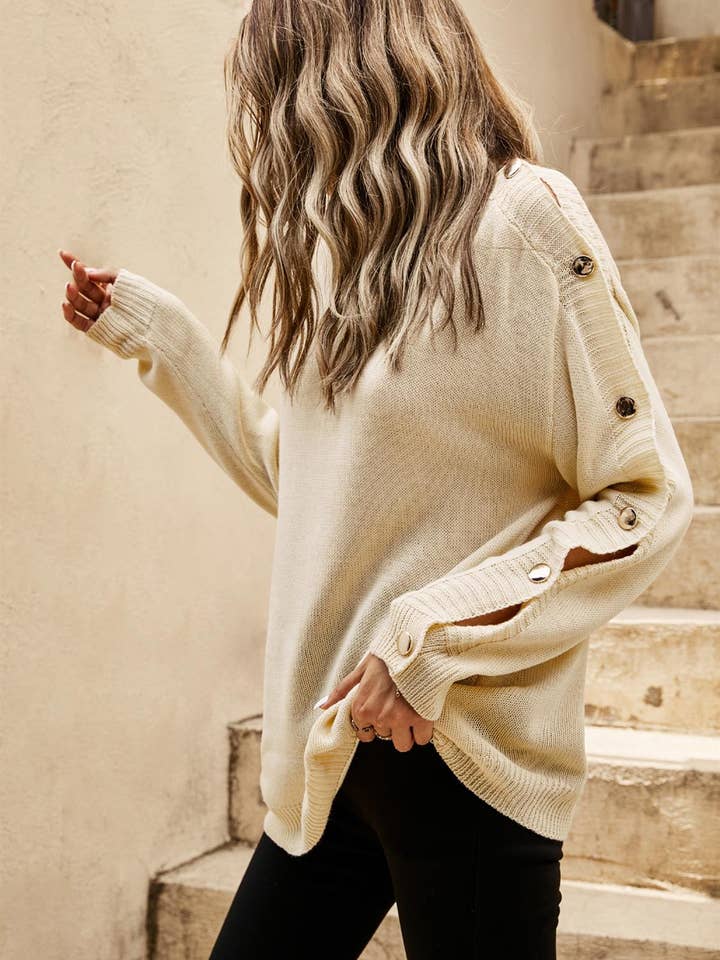 FS Collection (Germany) – wholesale Pullovertröja - Dam – Knapp Detalj Bekväm Jumper Topp I Beige4