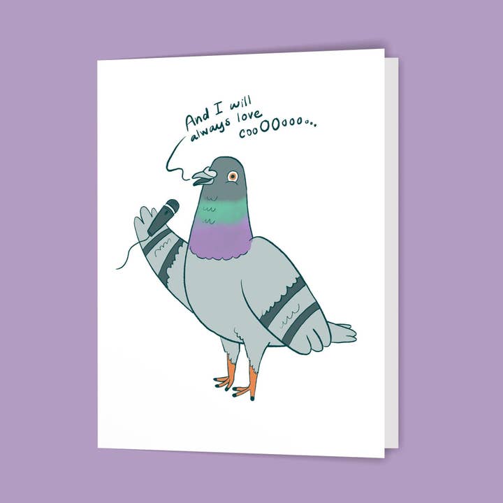 Kestrop Studio - Vente Cartes de déclaration d'amour - Carte de vœux pigeon « Always Love Coo » Pun, intérieur vierge