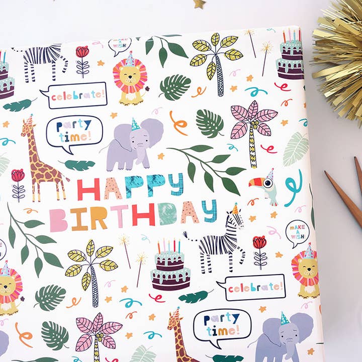 JM Design Studio - Wholesale Flat Wrap - Jungle Party Birthday Wrapping Paper, Gender Neutral
