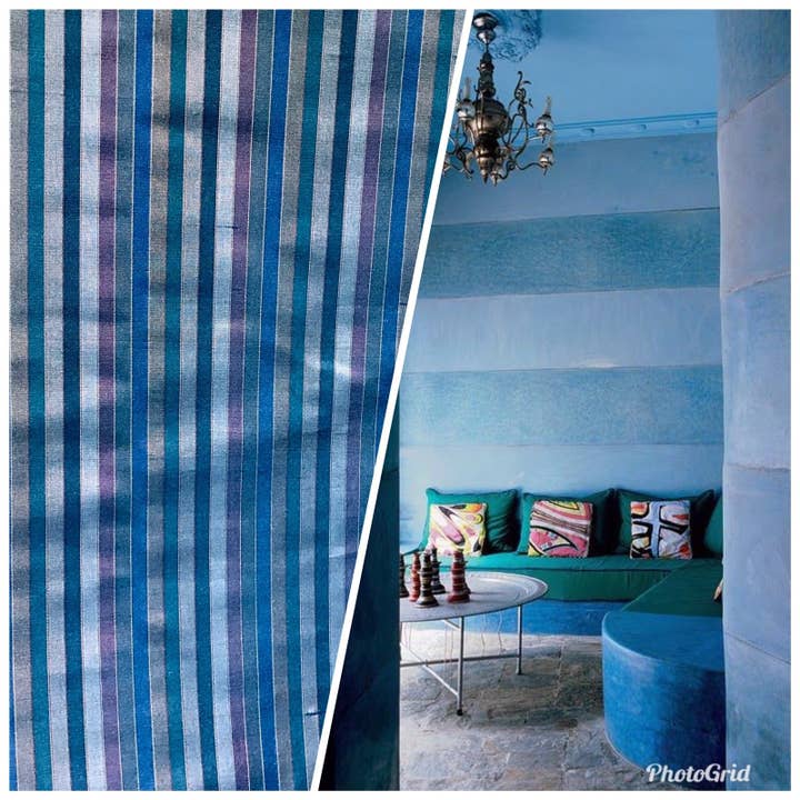 AFFAIRE ! Tissu taffetas 100% soie Duchesse Roxanne Rayures multicolores bleues pour la vente par Fancy Styles Fabric