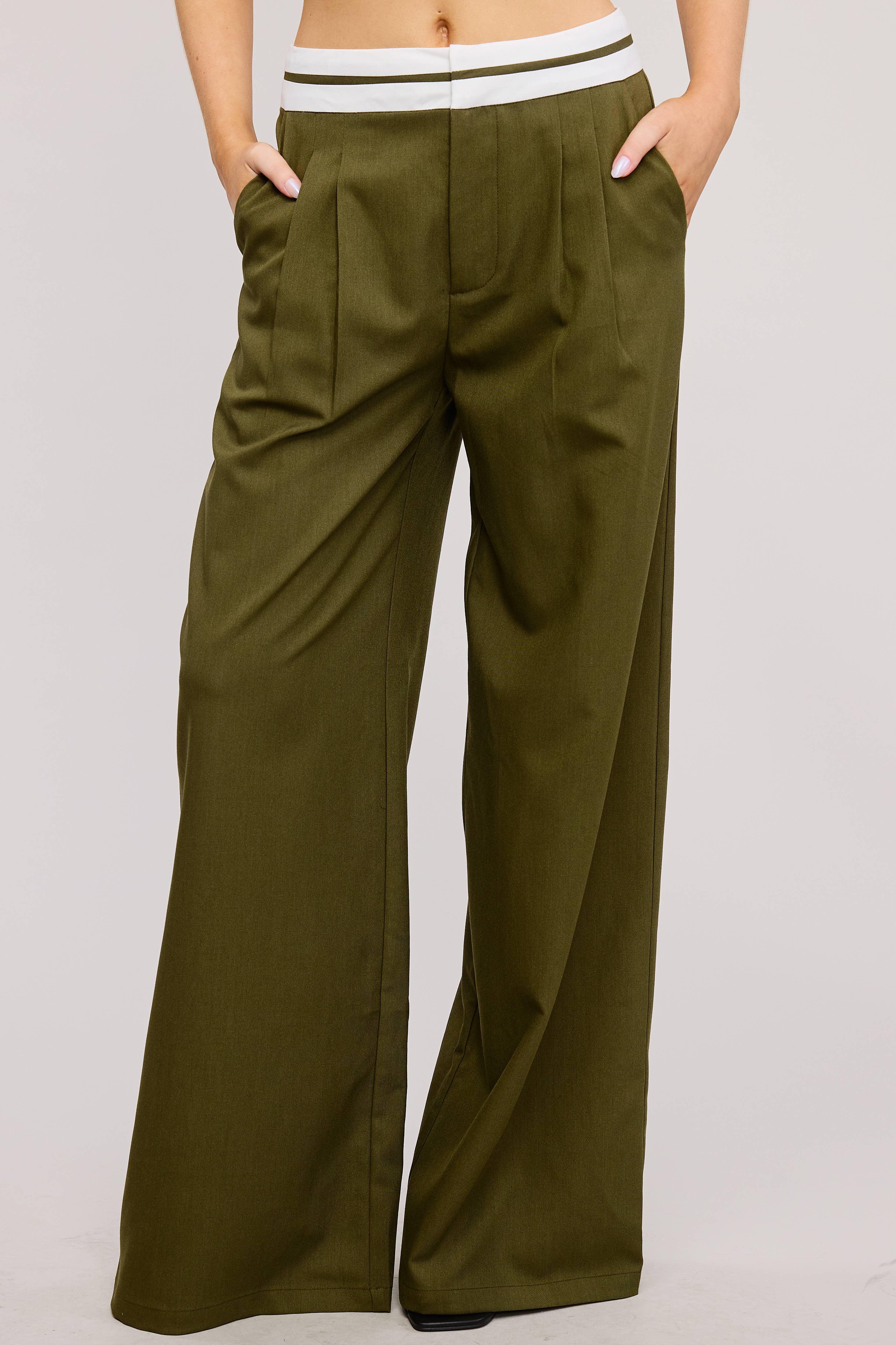 Mimosa - Wholesale Pants - Women's - Minimalistic Contrast Waistband Pleated Trouser Pants13